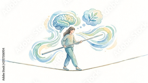Watercolor illustration of woman balancing on tightrope with brain and nature symbols