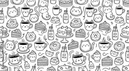 Cute Kawaii Cats and Desserts Doodle Pattern