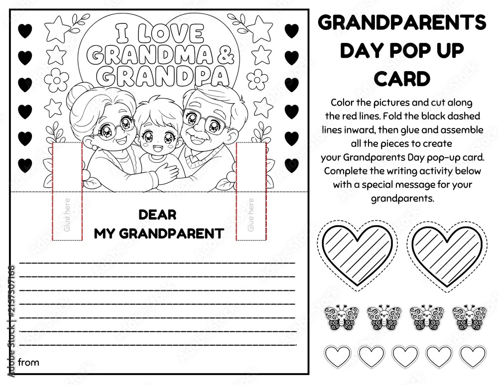 Obraz premium Grandparents Day Pop-Up Card Craft for Grades 1–3 | Printable Color, Cut, Fold & Assemble Activity with Writing Prompt, Grandma & Grandpa Appreciation Card