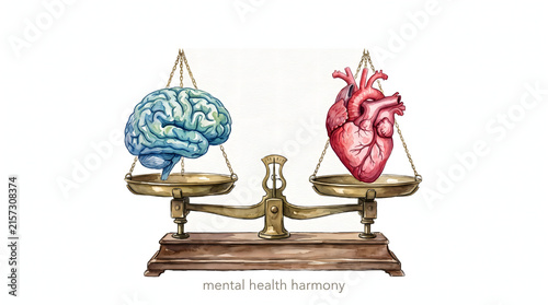 Human brain and heart in balance on a golden scale symbolizing mental health harmony watercolor