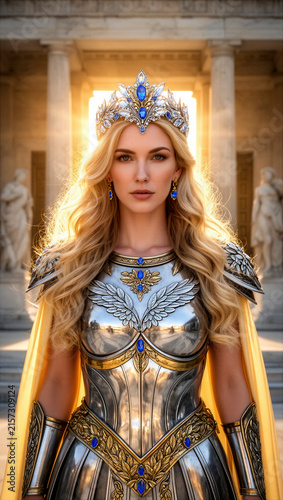 mujer, reina, reina guerrera, guerrera, fantasía medieval, fantasía, princesa guerrera, corona, tiara, joyería, zafiros, diamantes, piedras preciosas, cabello rubio, retrato femenino, retrato de belle
