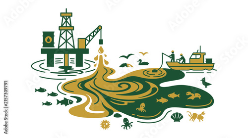 Oil Rig Pollution Spill Affecting Marine Life and Fishermen