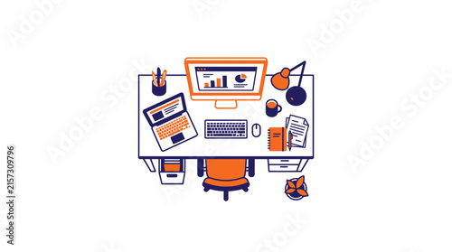 Overhead View of Modern Office Desk with Computer, Laptop, and Supplies