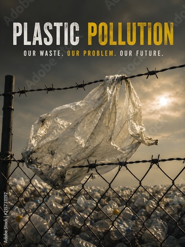 Plastic pollution poster with bag on fence waste problem environmental