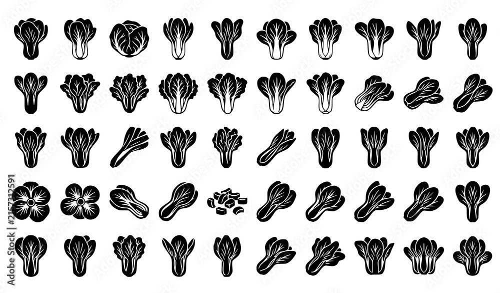 Fototapeta premium Premium bok choy vegetable silhouette vector pack with fresh organic leafy greens isolated on white background