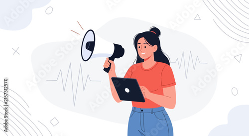 Woman with Megaphone and Tablet Announces News with Sound Waves Graphic