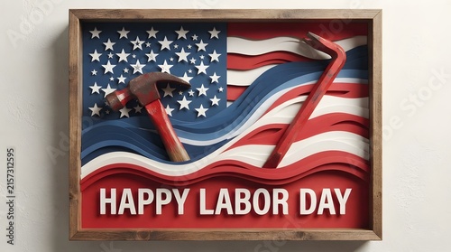Happy labor day paper craft art with american flag and tools