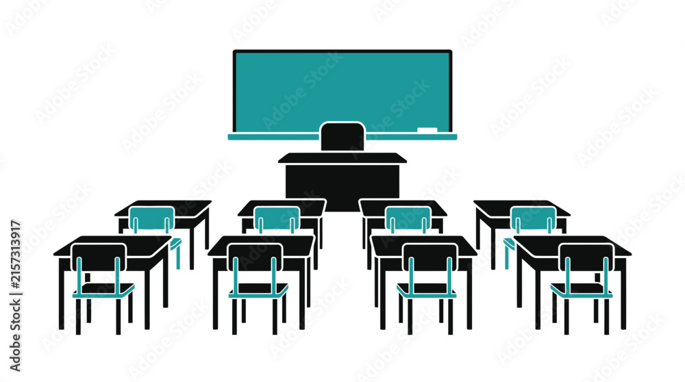 Fototapeta premium Empty Classroom with Desks, Chairs and Blackboard - Isolated