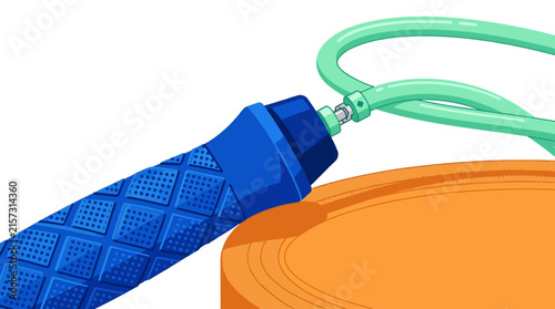 Jump Rope Handle with Textured Grip and Green Cord on Exercise Mat. Fitness Equipment Illustration for Workout and Training Concepts.