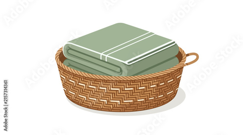 Wicker Laundry Basket with Folded Green Towels and Handle. Home Organization and Linen Storage Concept for Bathroom or Bedroom Decor.