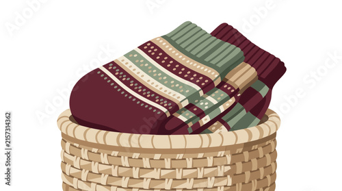 Folded Socks in Woven Storage Basket. Cozy Knitted Clothing Set for Home Organization and Laundry Care.