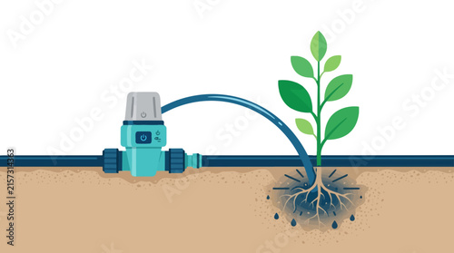 Smart Irrigation System Valve Watering Plant Roots with Automated Drip Technology. Eco-Friendly Gardening and Precision Agriculture Concept.