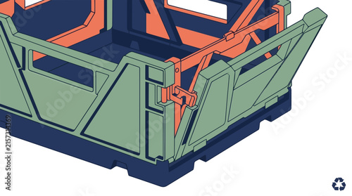Foldable Plastic Storage Crate with Interlocking Orange Hinges and Green Panels. Industrial Collapsible Container for Logistics, Shipping, and Warehou