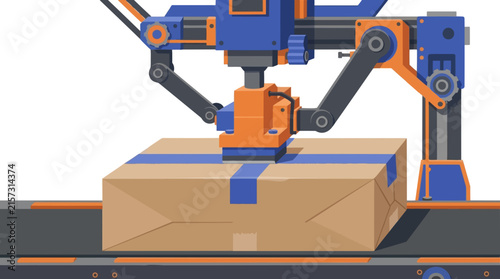 Industrial Robotic Arm Sealing Cardboard Package on Conveyor Belt. Automation and Packaging Technology Concept for Logistics and Manufacturing.