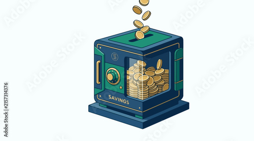 Savings Piggy Bank with Digital Coins Dropping Into Transparent Vault. Financial Growth, Investment, and Money Management Concept Illustration.
