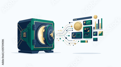 Server Hardware with Digital Finance and Blockchain Analytics Dashboard. Cybersecurity and Cryptocurrency Data Visualization Concept.