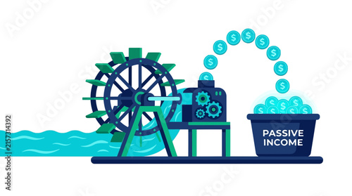 Waterwheel Generating Passive Income Concept, Vector Illustration of Financial Growth and Money Flow. Business and Investment Automation Design for Su