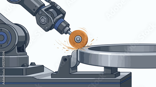 Robotic Arm Grinding and Polishing Metal Wheel with Abrasive Disc. Industrial Automation and Precision Engineering Concept.
