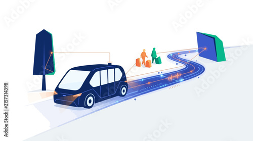 Autonomous Vehicle Following Smart Road Technology with Connected Traffic Management System. Futuristic Transportation and Ai-Driven Mobility Concept.