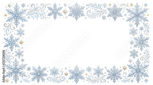A premium Christmas snowflake border featuring an elegant variety of intricate crystalline snowflakes, tiny frost crystals, delicate sparkling stars and subtle icy-blue and silver accents, 