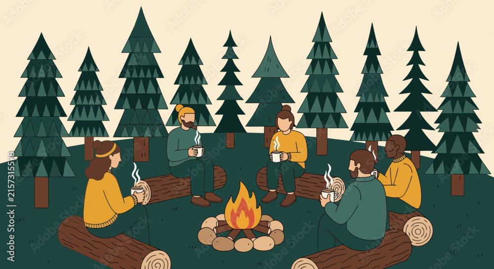 Obraz premium Illustration of a group of friends sitting around a campfire in a forest, enjoying a social gathering outdoors.