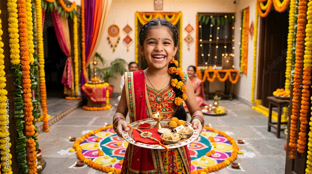 Naklejka premium Happy Indian girl holding a traditional puja plate during the Diwali festival celebration