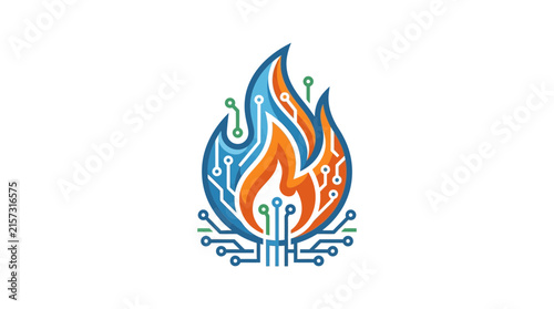 Abstract fire flame graphic with circuit base connections.
