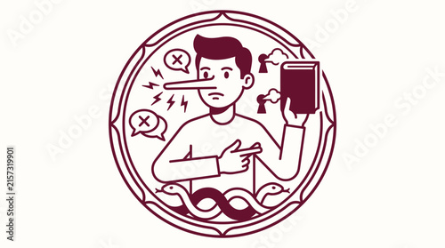 Bild auf Leinwand Man with long nose pointing at book, illustration of deception and lies