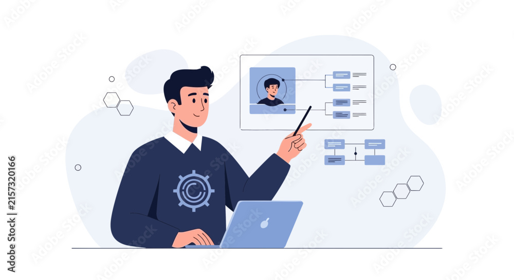 Fototapeta premium Man presenting business strategy on digital whiteboard with laptop, flat illustration style.