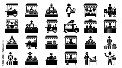 Street vendor icons and market seller symbols showing outdoor stalls, food carts and small business owners, representing local commerce and retail entrepreneurship