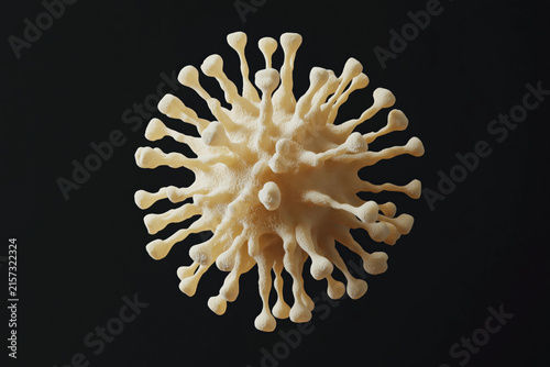 abstract microscopic art, white spiky virus cell on black, photorealistic