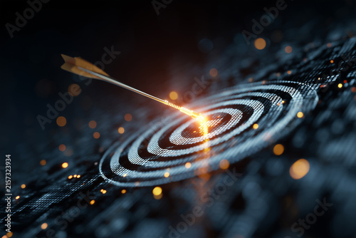 Gold arrow hitting a digital target for technology goals