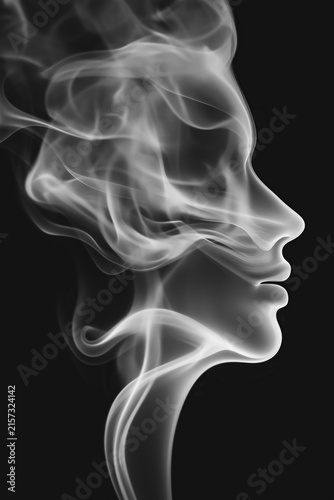 abstract smoke figure in female face profile shape on black background, photorealistic