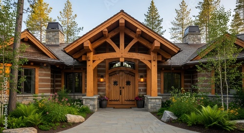 Beautiful rustic log cabin home entrance with timber frame architecture and stone accents.