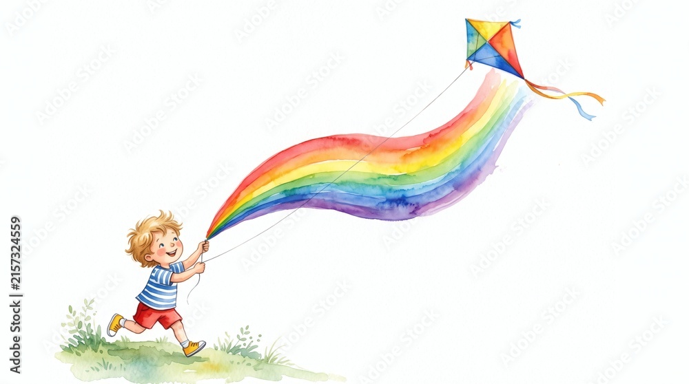 Obraz premium Joyful boy running with a colorful rainbow kite on a white background watercolor illustration