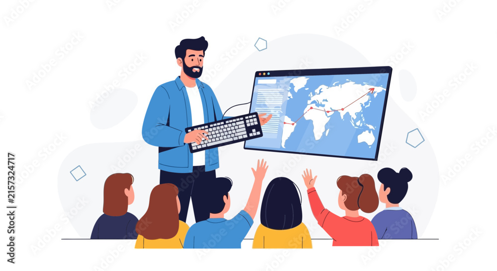 Fototapeta premium Business Training: Instructor with Keyboard Presents World Map Graph to Engaged Students Raising Hands