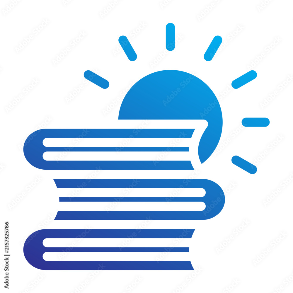 Obraz premium Stack of books with rising sun icon solid gradient style
