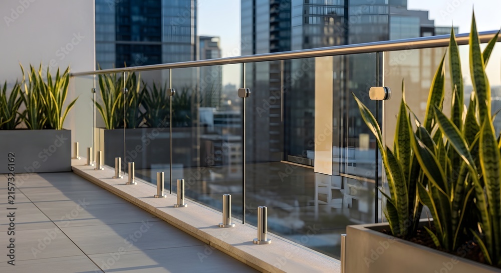 Fototapeta premium Modern apartment balcony with glass railing and potted snake plants overlooking city skyscrapers.