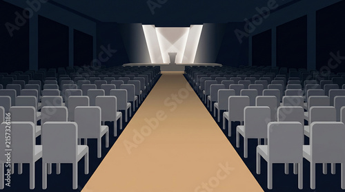 Empty modern conference hall with empty seats and illuminated stage, perfect for corporate events, presentations and seminars