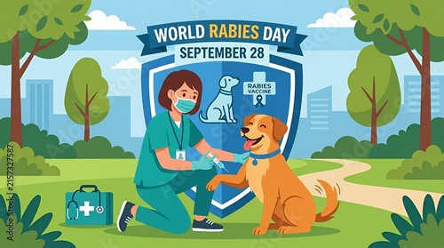 Veterinarian vaccinating golden retriever for World Rabies Day.