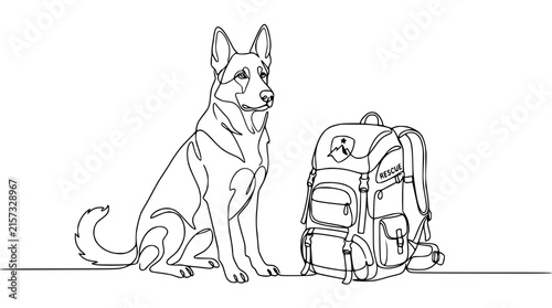 German Shepherd Dog Sitting Next to Hiking Backpack, Continuous Line Art
