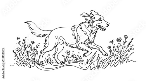 Dog Running Through Flowers Line Art Isolated Transparent Background