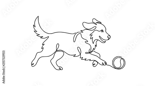Continuous Line Drawing of a Dog Playing with a Ball, Isolated