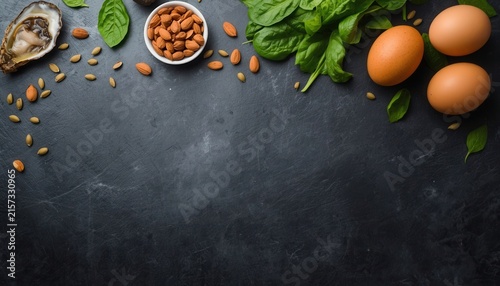 Assortment of Nutritious Foods: An artistic overhead view showcases a curated selection of wholesome foods, including almonds, spinach, eggs, and a succulent oyster, artfully arranged on a dark.