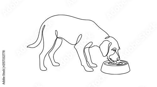 Continuous Line Drawing of a Dog Drinking Water from a Bowl, Isolated