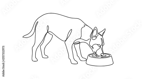 Continuous Line Drawing of Dog Drinking Water from Bowl, Isolated