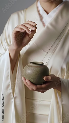 Hands holding ceramic bowl in traditional kimono.