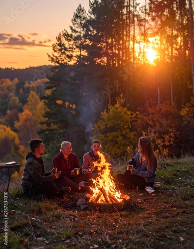 Campfire gathering friends forest autumn evening.
