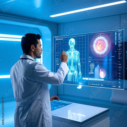 Man interacting with holographic medical interface.