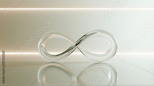Luminous Glass Infinity Symbol Floating in a Clean Minimalist Space Representing Continuous Improvement